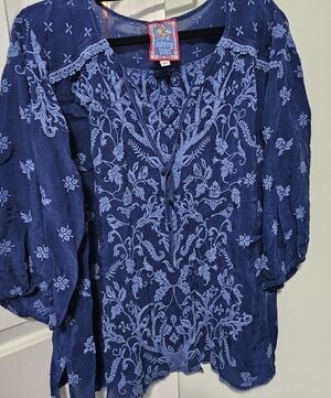 Johnny Was Blue Embroidered Blouse